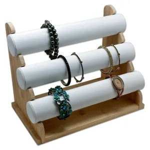 3 Tier White Leatherette Round T-Bar Bracelet Display