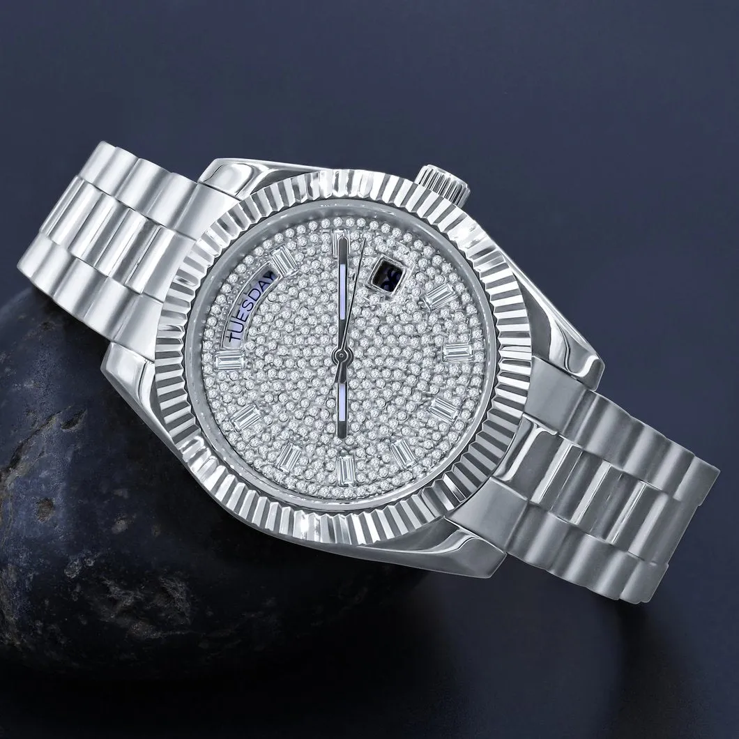 41MM CZ Pave Dial Baguette Hours Day Watch