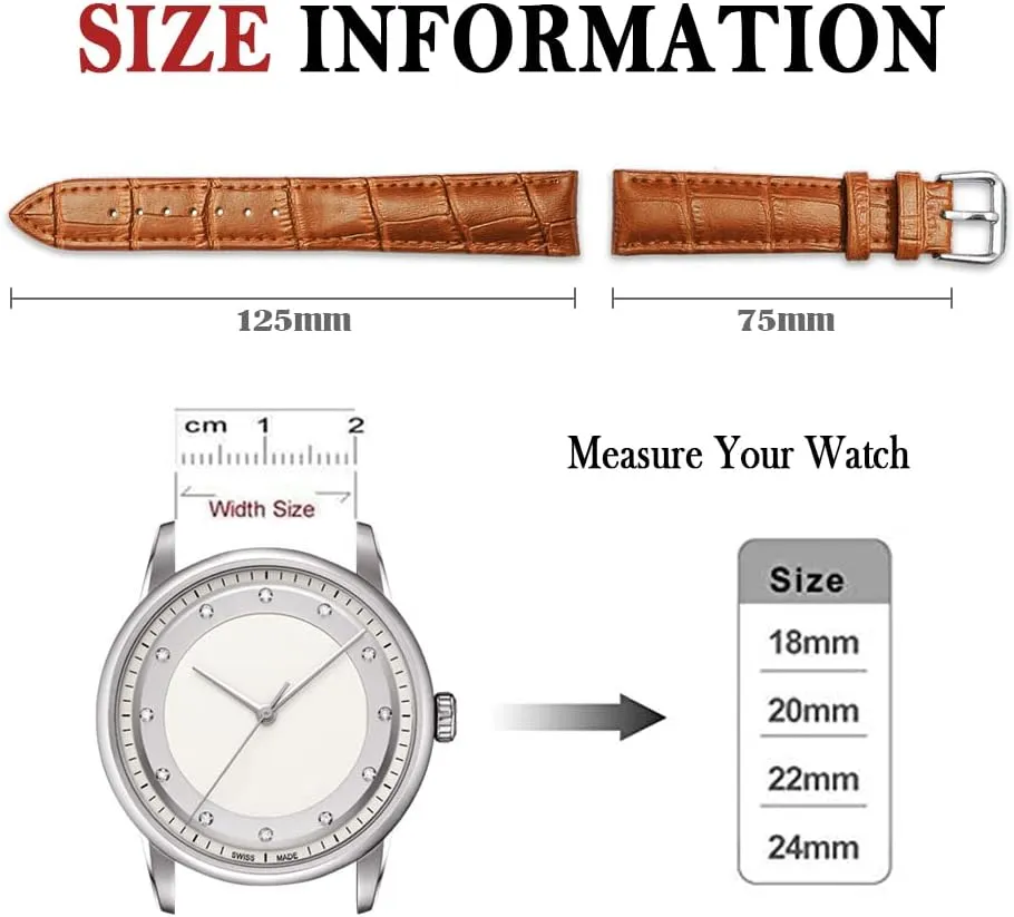 Alligator Style Genuine Leather Watch Bands Genuine Calf Leather Replacement Watch Strap with Stainless Metal Buckle Clasp 12mm 14mm 16mm 18mm 20mm 22mm 24mm for Men and Women