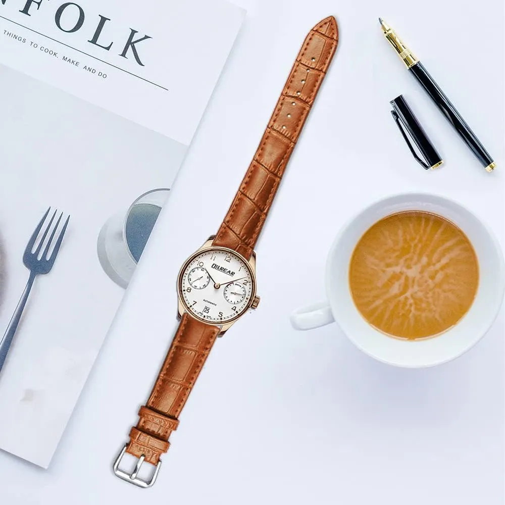 Alligator Style Genuine Leather Watch Bands Genuine Calf Leather Replacement Watch Strap with Stainless Metal Buckle Clasp 12mm 14mm 16mm 18mm 20mm 22mm 24mm for Men and Women