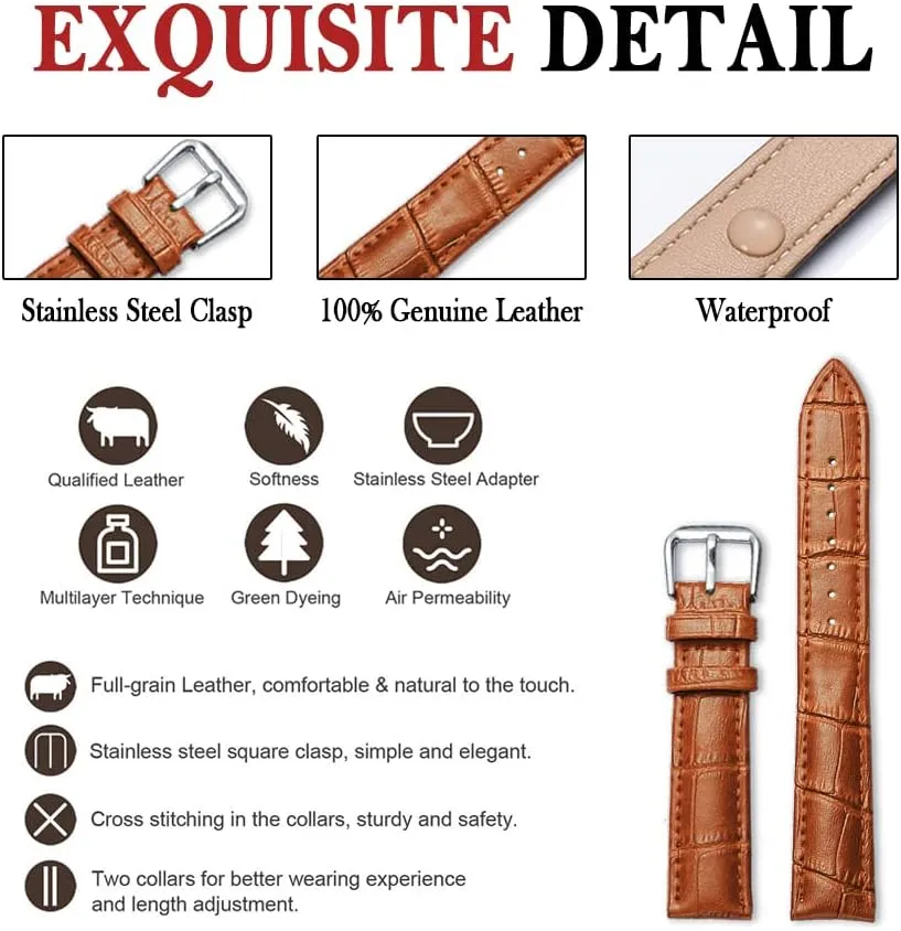 Alligator Style Genuine Leather Watch Bands Genuine Calf Leather Replacement Watch Strap with Stainless Metal Buckle Clasp 12mm 14mm 16mm 18mm 20mm 22mm 24mm for Men and Women