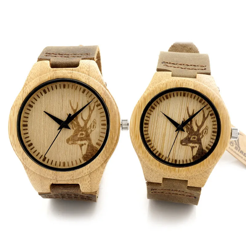 BOBO BIRD F29 Lovers' 100% Natural Bamboo Wooden Watch with Genuine Brown Leather Strap Japanese Quartz Movement Casual Watches