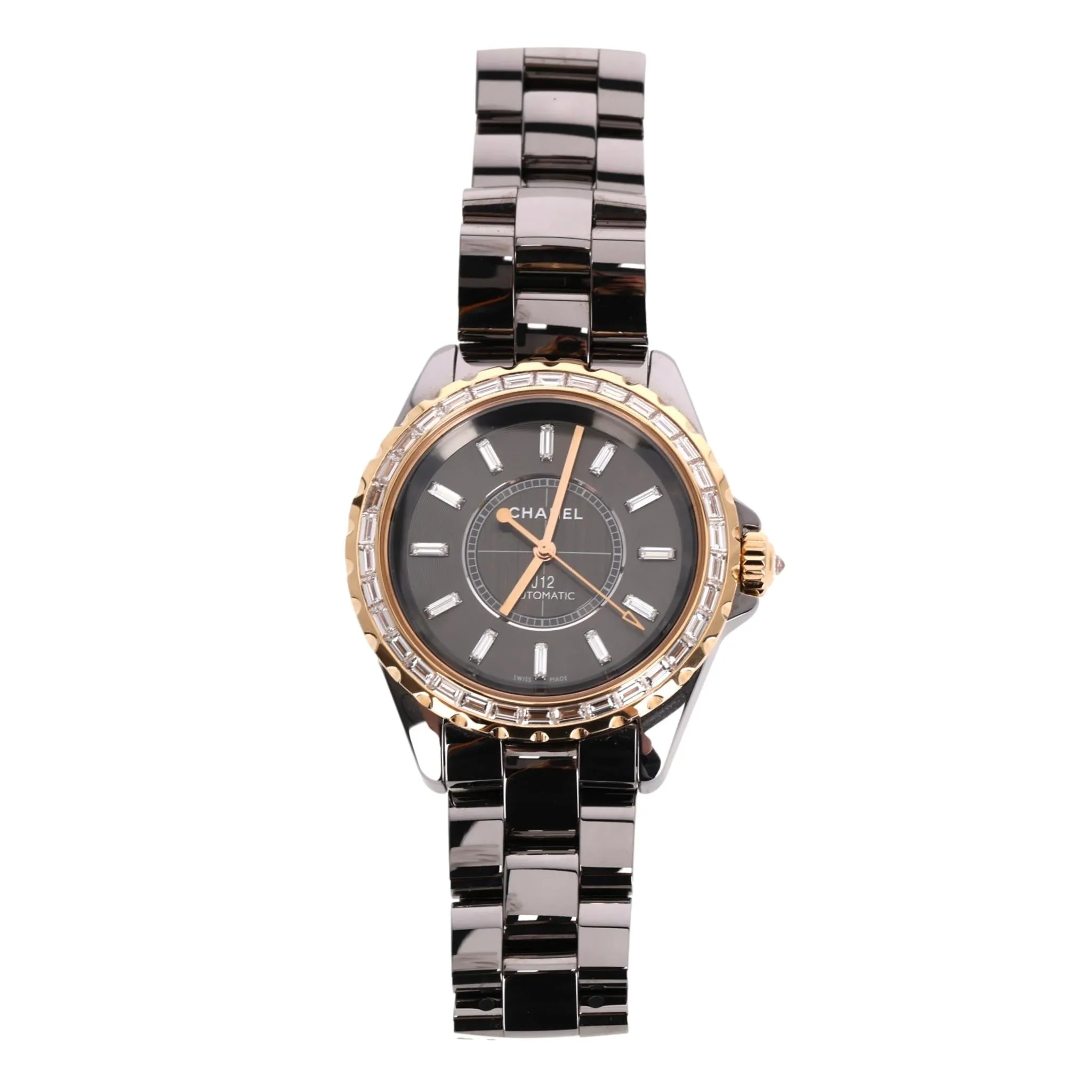 Chanel 18k Rose Gold, Ceramic &  Baguette Diamond J12 Automatic Watch - High End Jewellery Collection