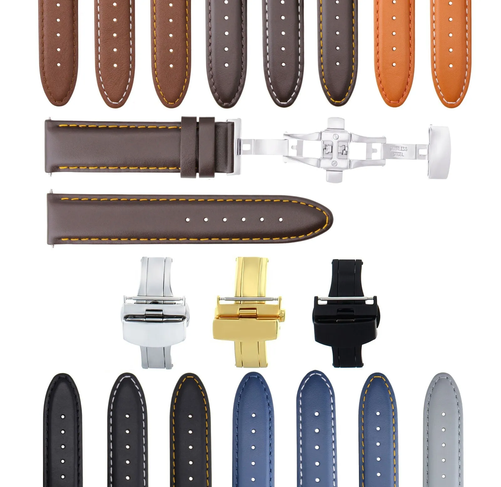 CLASSIC MENS SMOOTH LEATHER WATCH BAND STRAP WATCH BUCKLE - 22MM