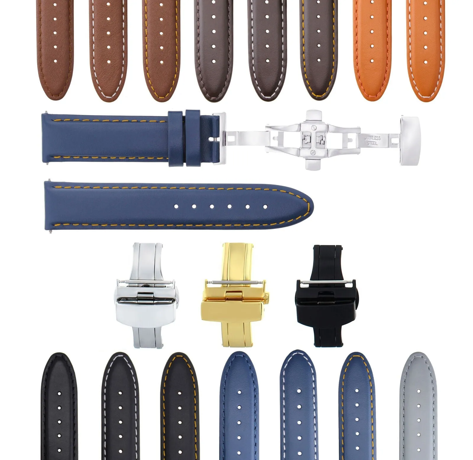 CLASSIC MENS SMOOTH LEATHER WATCH BAND STRAP WATCH BUCKLE - 22MM