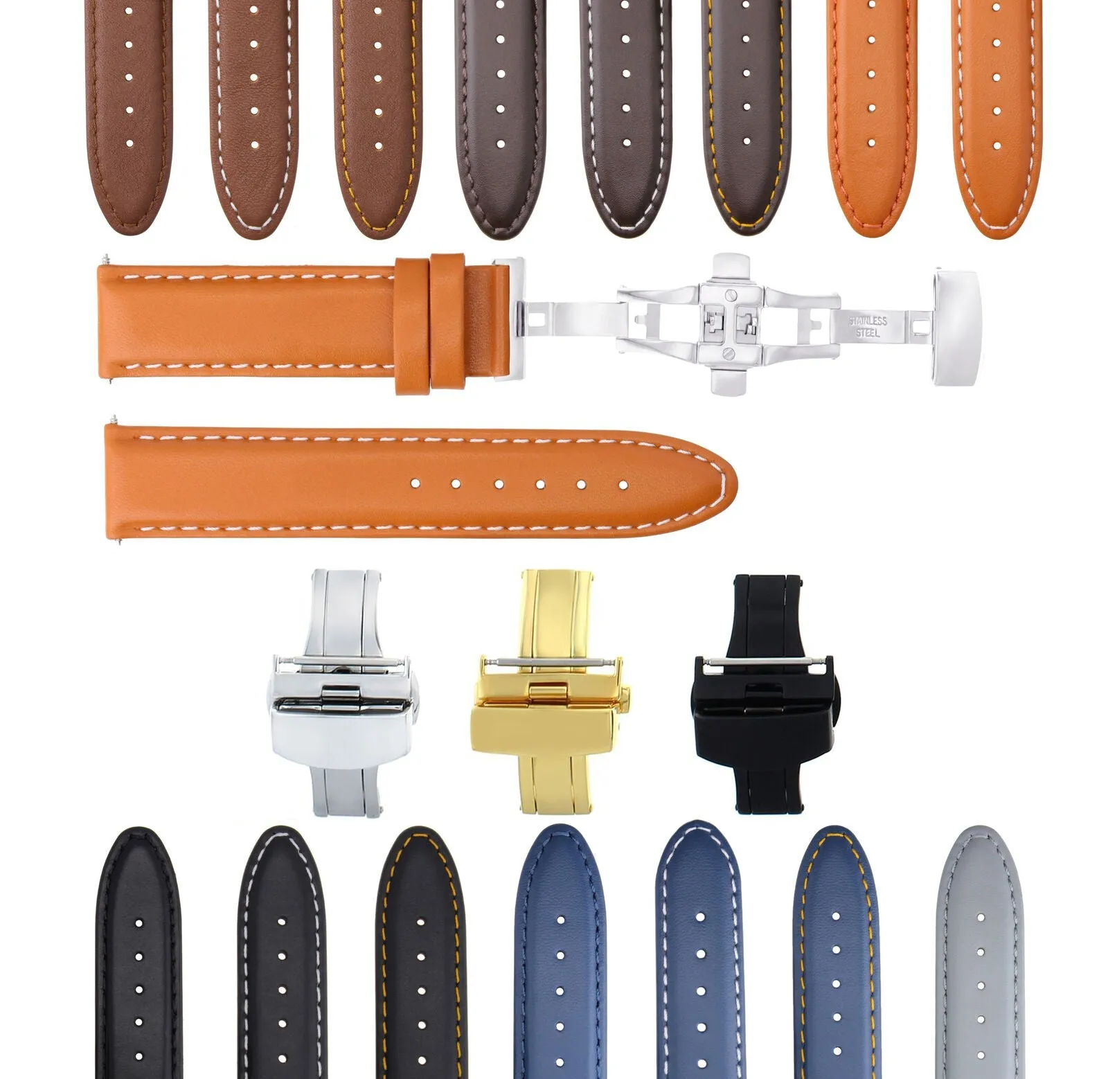CLASSIC MENS SMOOTH LEATHER WATCH BAND STRAP WATCH BUCKLE - 22MM