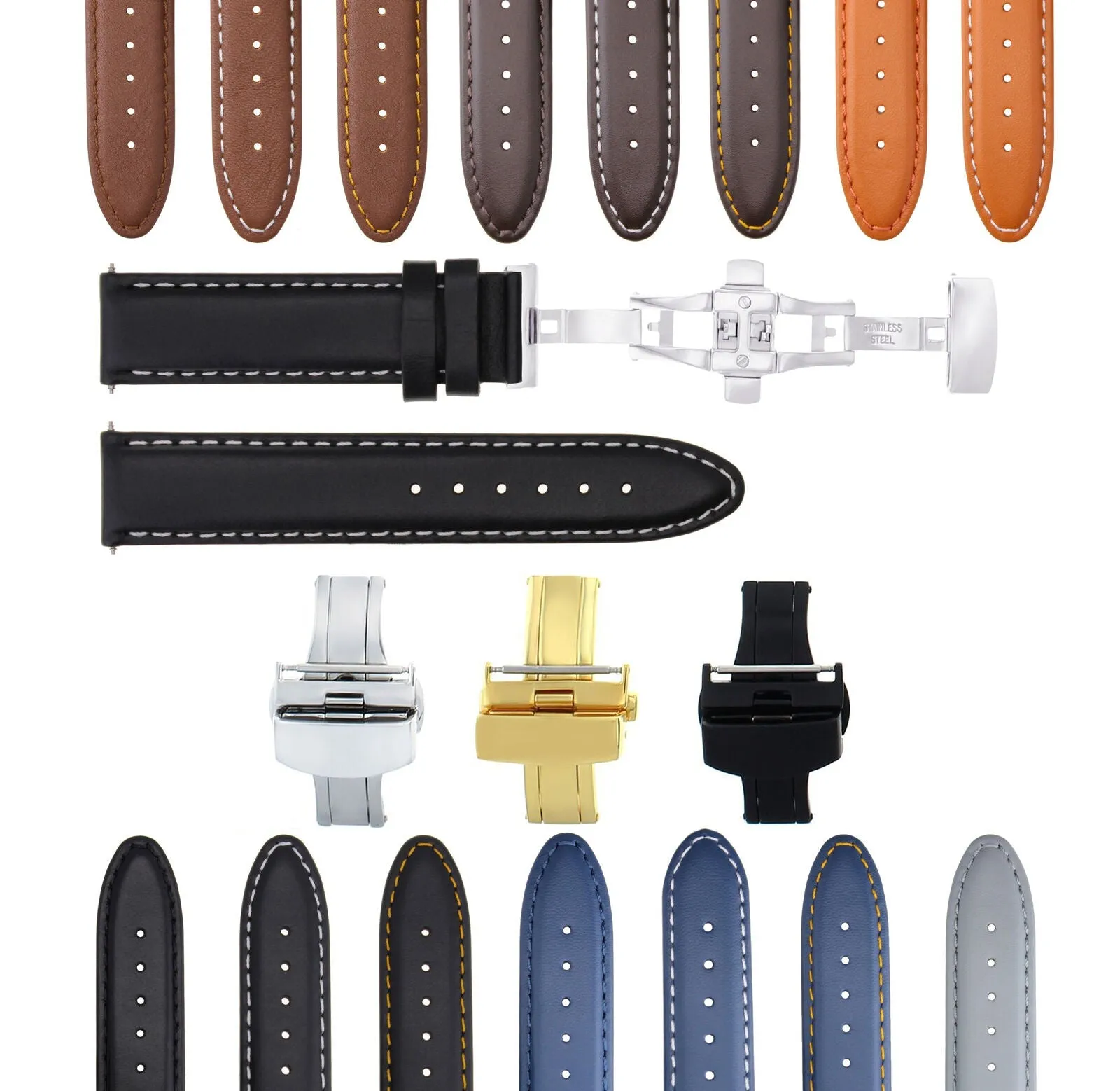 CLASSIC MENS SMOOTH LEATHER WATCH BAND STRAP WATCH BUCKLE - 22MM