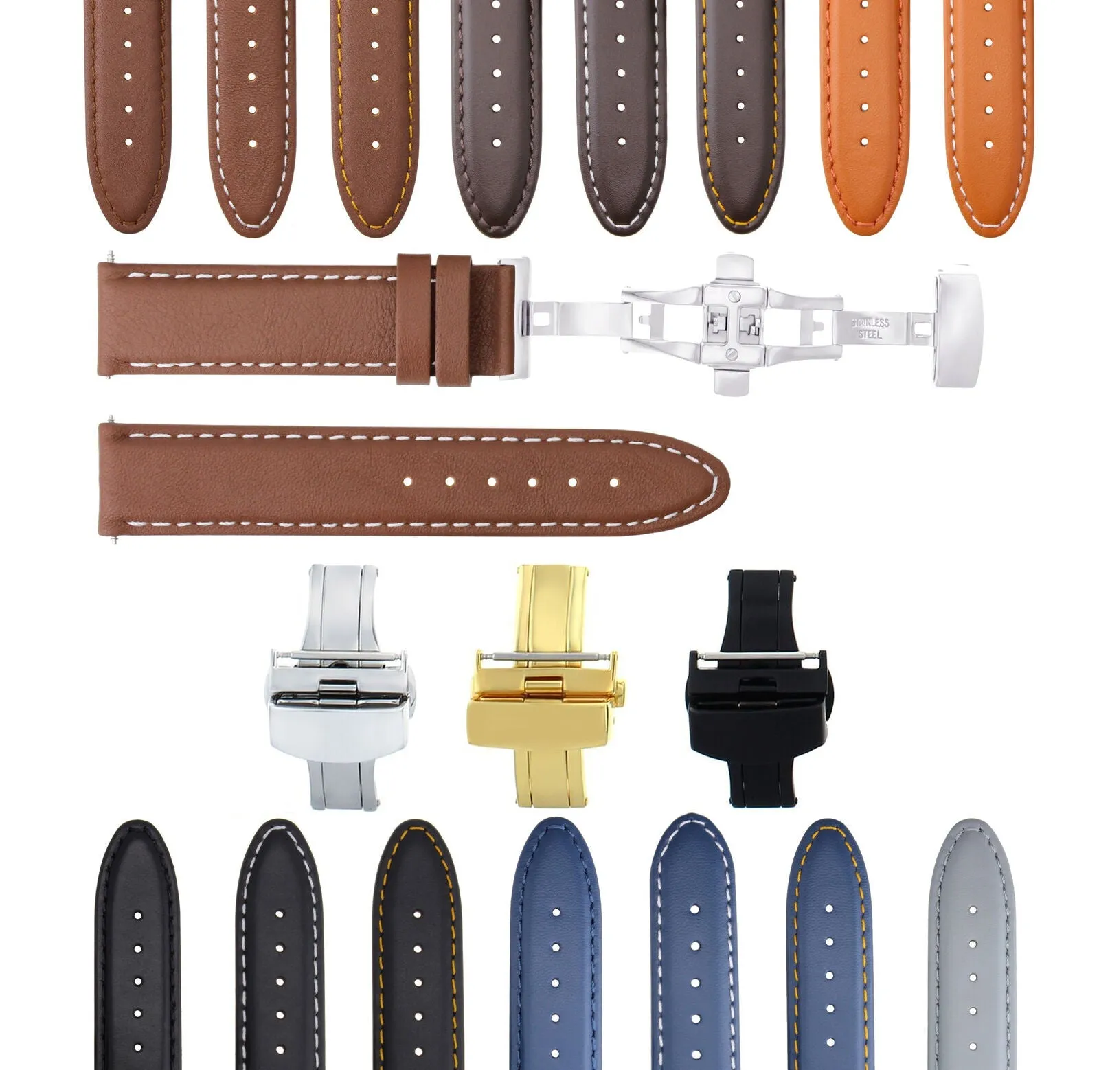 CLASSIC MENS SMOOTH LEATHER WATCH BAND STRAP WATCH BUCKLE - 22MM