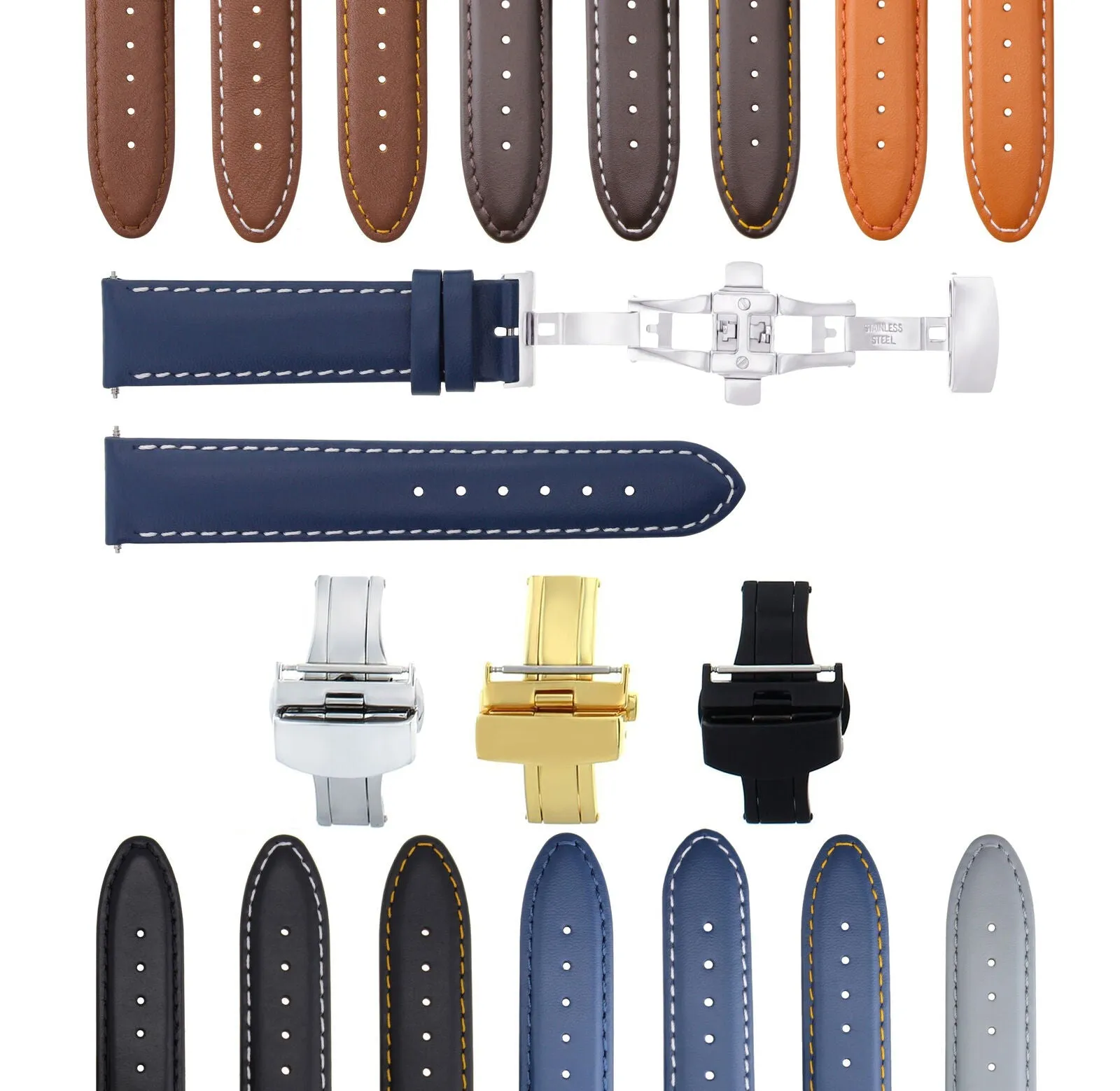 CLASSIC MENS SMOOTH LEATHER WATCH BAND STRAP WATCH BUCKLE - 22MM