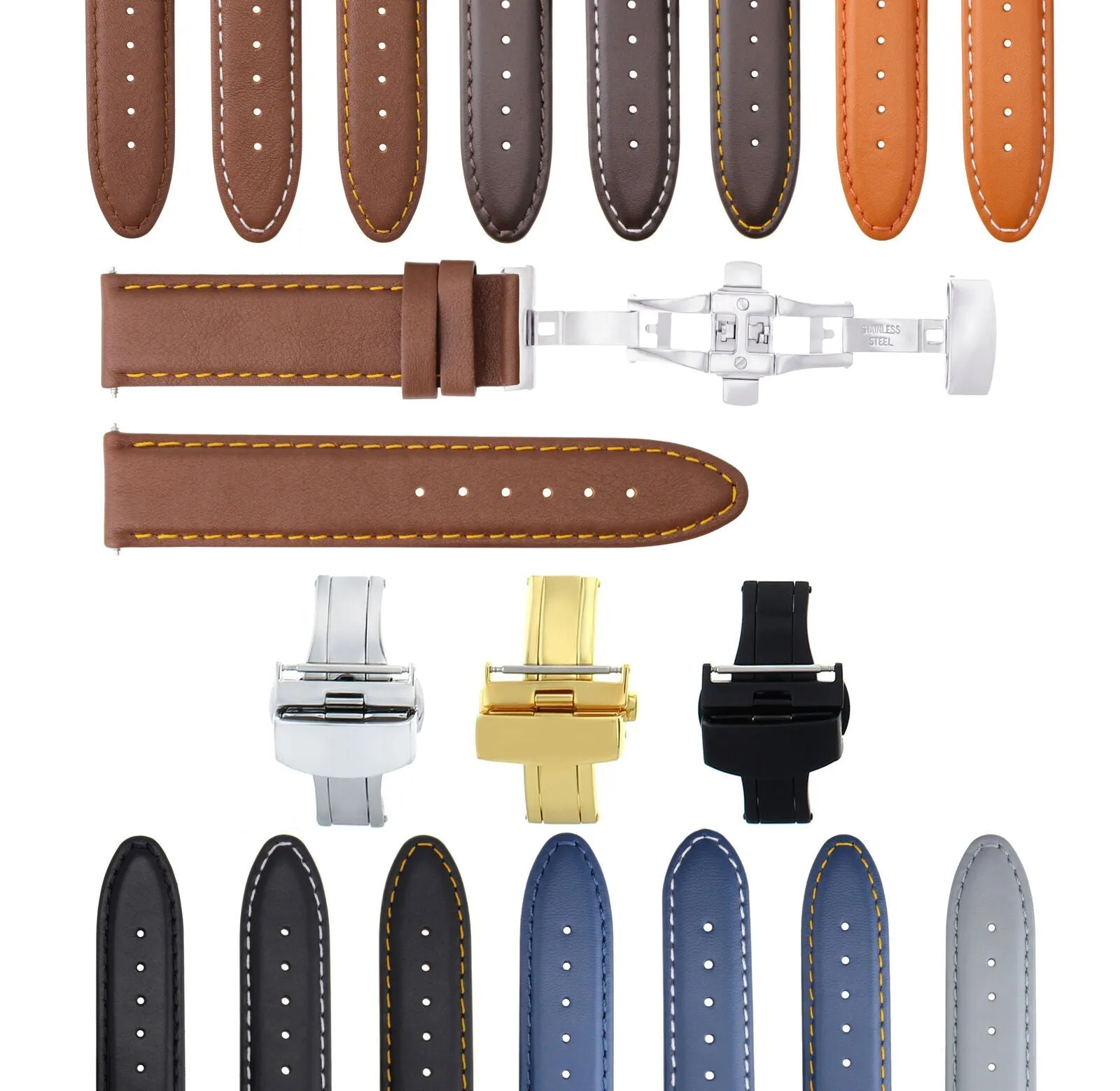 CLASSIC MENS SMOOTH LEATHER WATCH BAND STRAP WATCH BUCKLE - 22MM