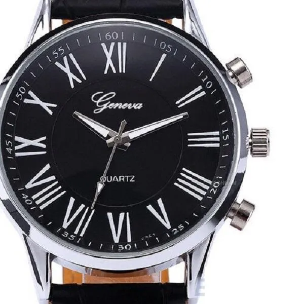 Elegant Fashionable Generic Roman Numeral Dial Leather Black Analog Quartz Unique Wrist Watch For Men