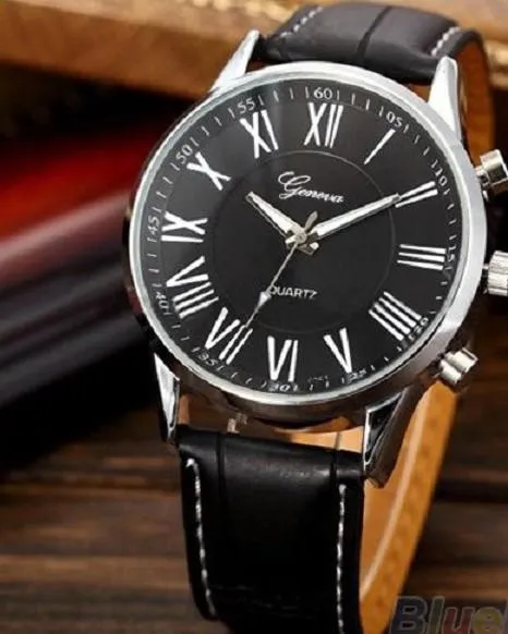 Elegant Fashionable Generic Roman Numeral Dial Leather Black Analog Quartz Unique Wrist Watch For Men