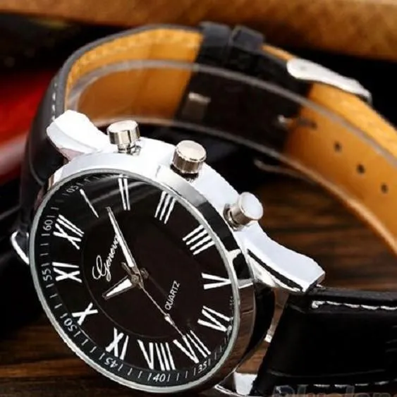 Elegant Fashionable Generic Roman Numeral Dial Leather Black Analog Quartz Unique Wrist Watch For Men