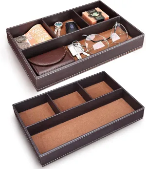 GORESE 2 Pieces Faux Leather Valet Tray for Men, Stackable Jewelry Trays for Drawers, Mens Dresser Top Organizer for Key, Wallet, Sunglass, Watch, Coin, Phone, Nightstand Bedside Tray Brown