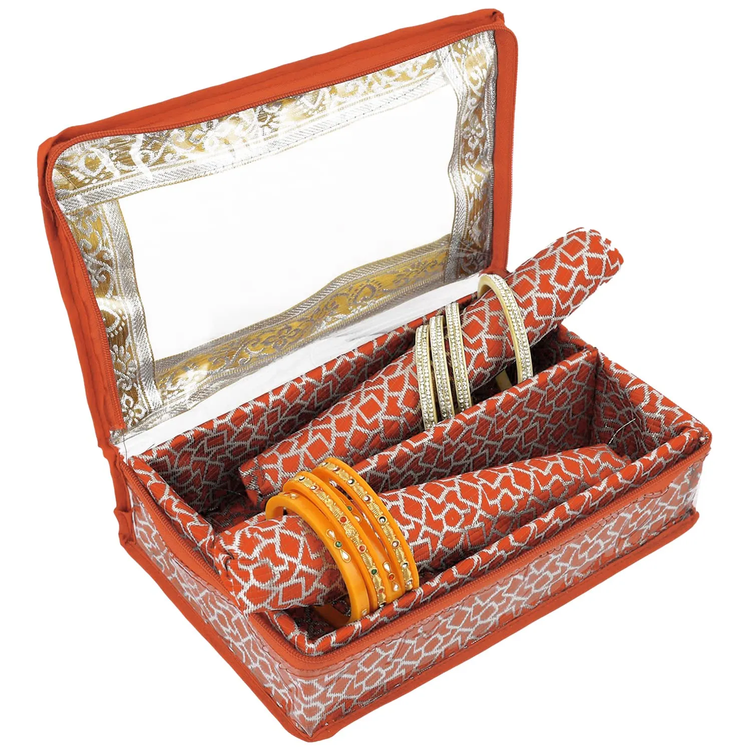 Heart Home Multi Saqare Design Laminated 2 Rod Box, Organizer For Bangle, Watches, Bracelets, Jewellery With Tranasparent Top - Pack of 2 (Orange)-47HH0320