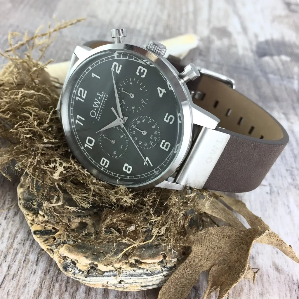 KINGSBRIDGE MATTE STEEL CASE, GREY STONE SUBDIAL FACE & STONE LEATHER STRAP WATCH