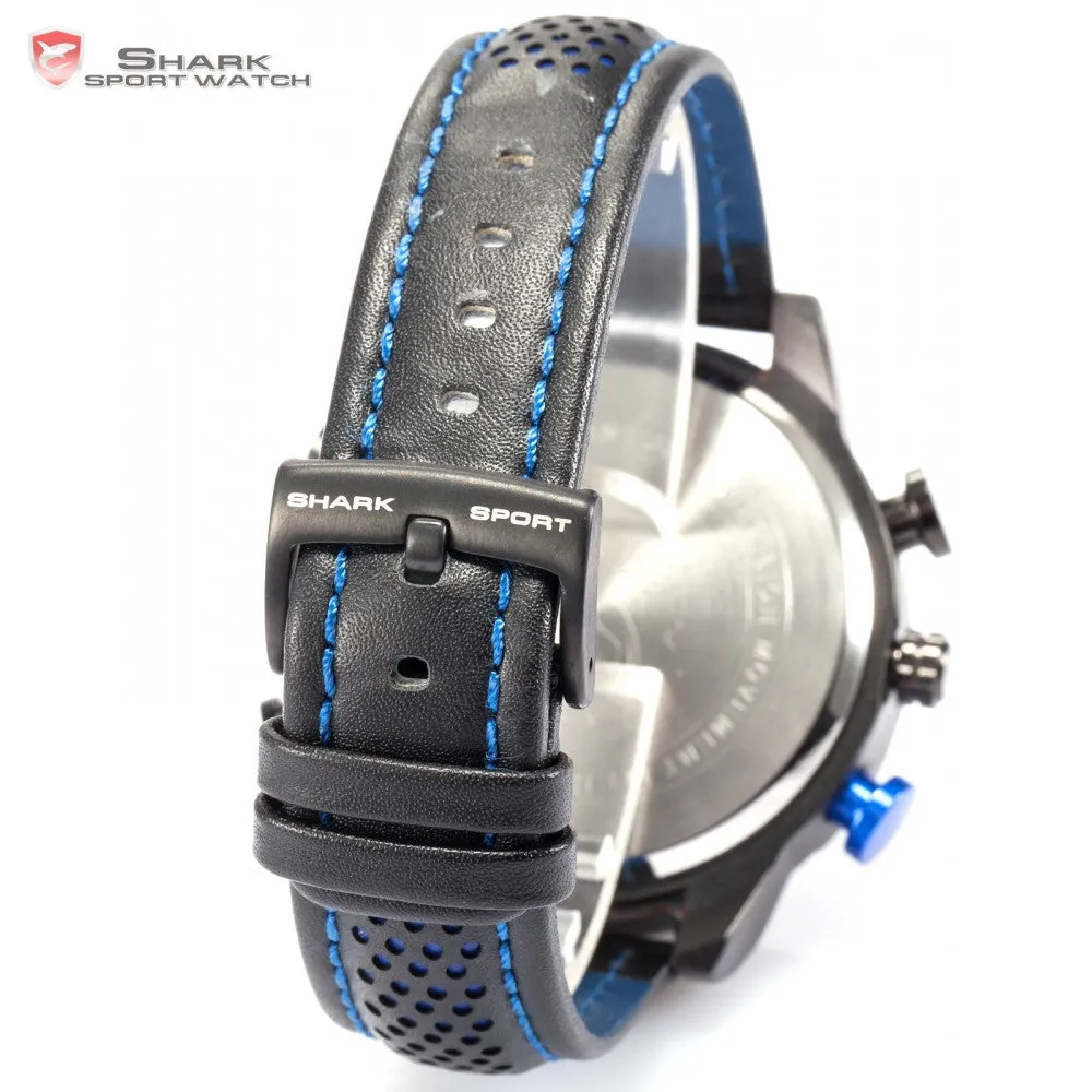 Kitefin Shark Sport Watch Blue LED Back Light Auto Date Display Leather Strap Quartz Digital Outdoor Men Military Watches