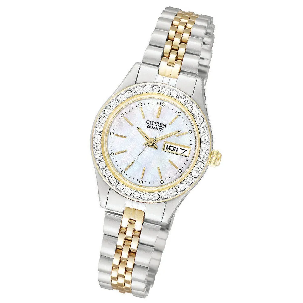 Ladies Quartz Mother-of-Pear Swarovski® crystals.