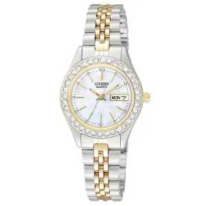 Ladies Quartz Mother-of-Pear Swarovski® crystals.