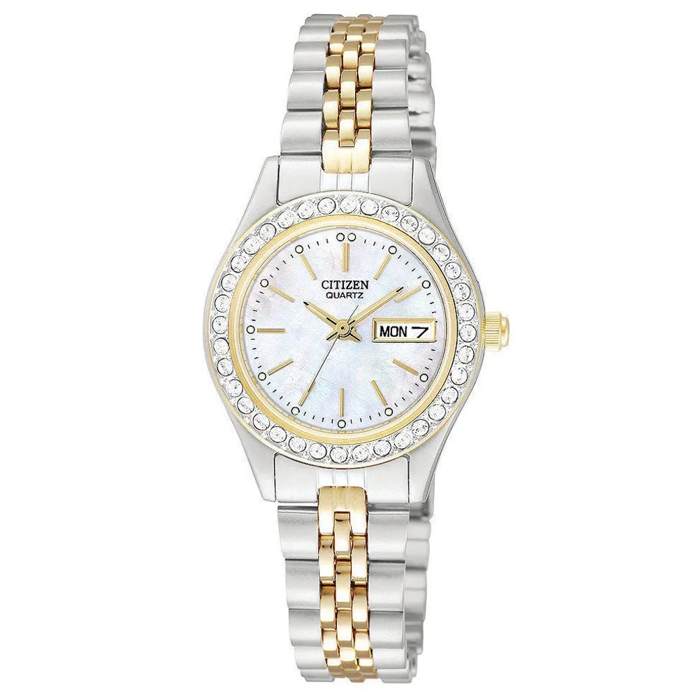 Ladies Quartz Mother-of-Pear Swarovski® crystals.