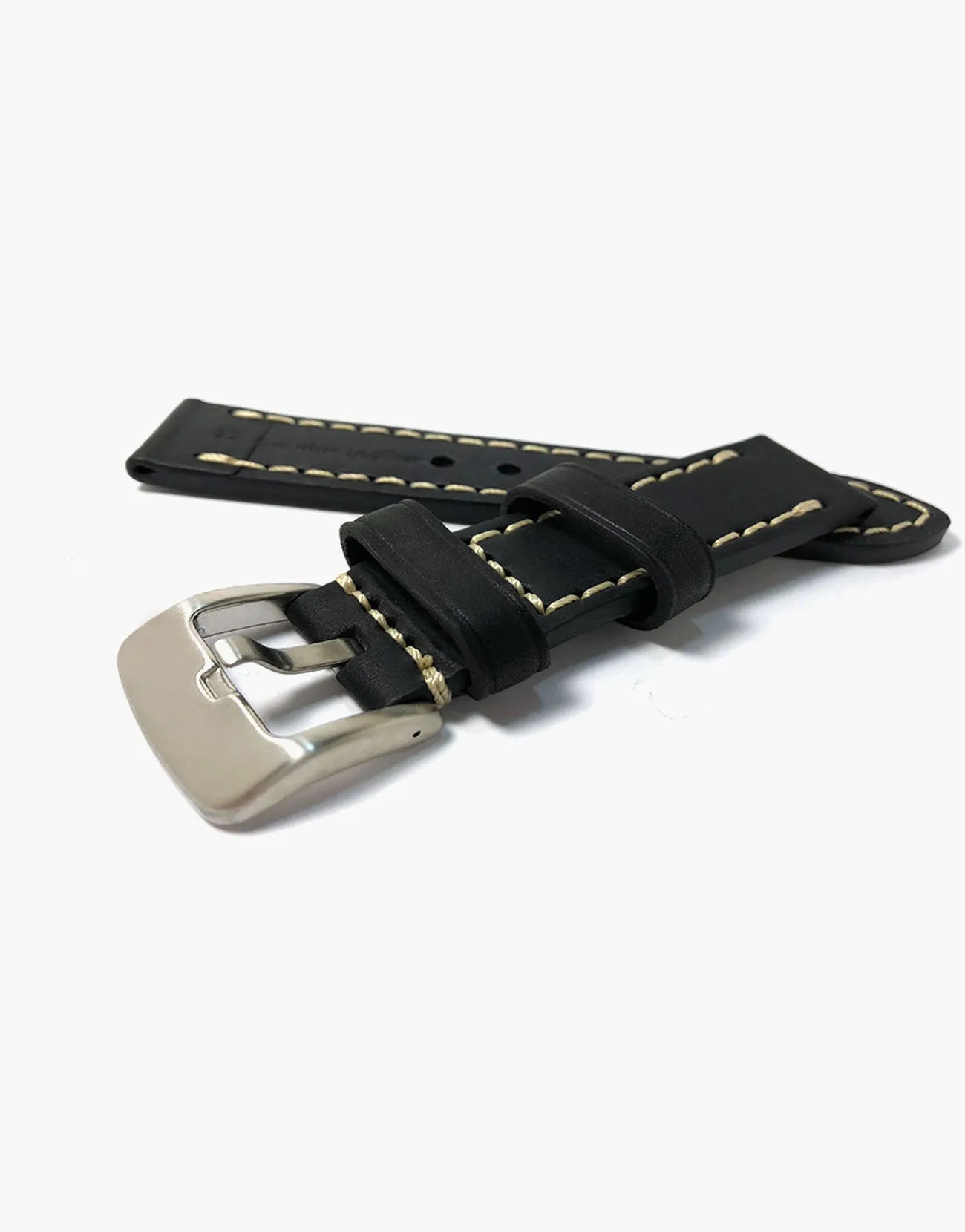 LUX Black Oil Tanned Leather Watch Band Flat Thick Vintage White Stitching