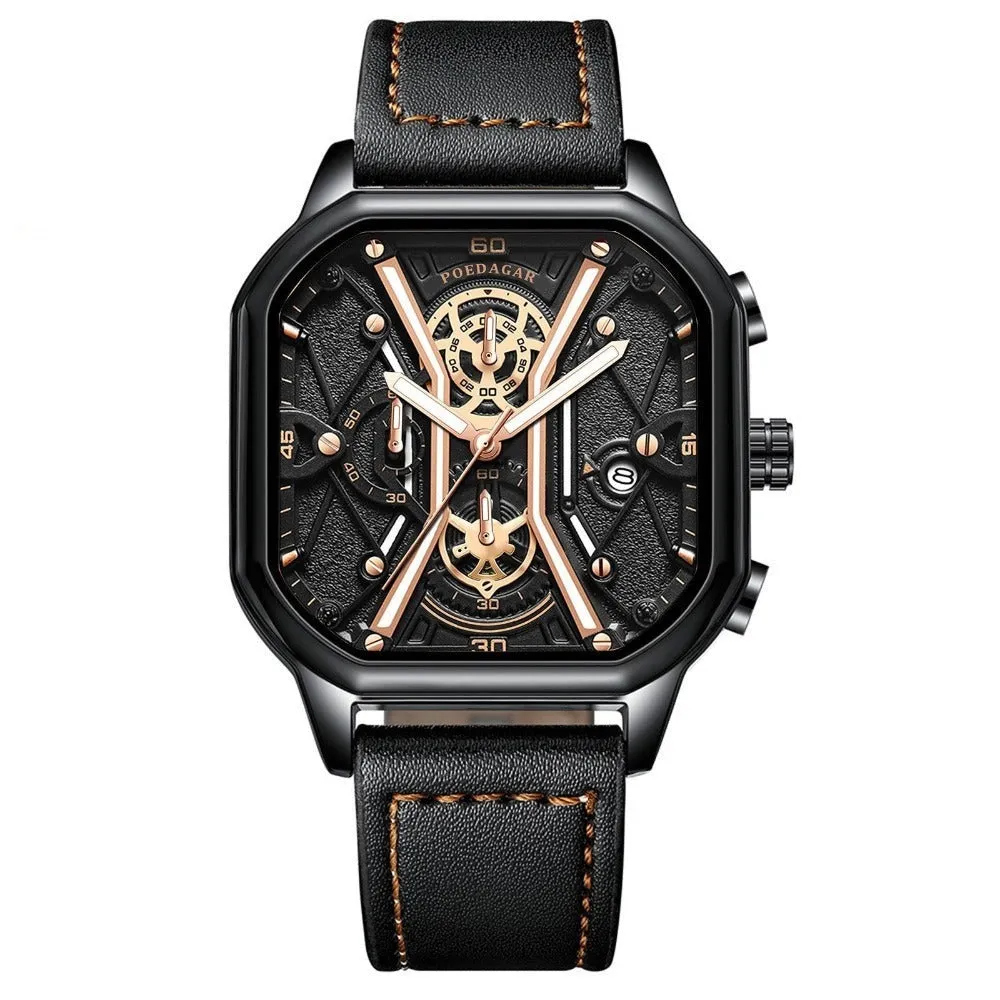 Men's Waterproof Luminous Quartz Watch With Leather Strap