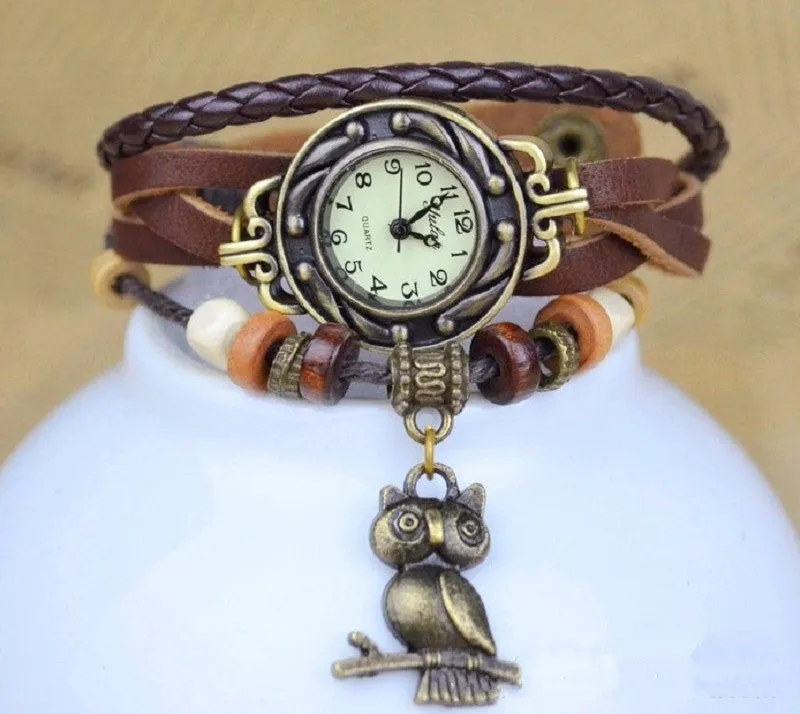 New Relojes Mujer Fashion Women Casual Leather Weave Wrap Wrist OWL Watch Charm Bracelet Watches
