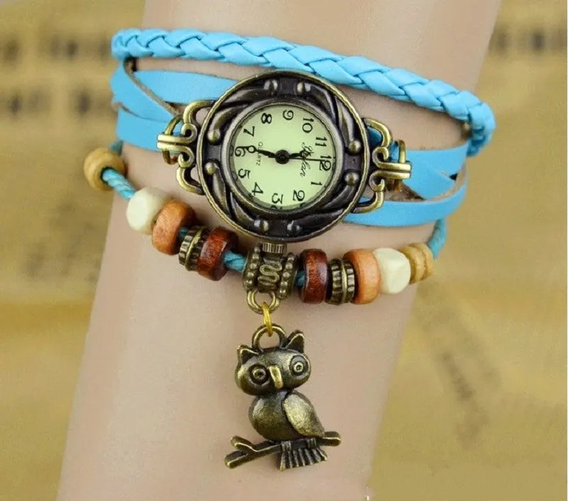 New Relojes Mujer Fashion Women Casual Leather Weave Wrap Wrist OWL Watch Charm Bracelet Watches