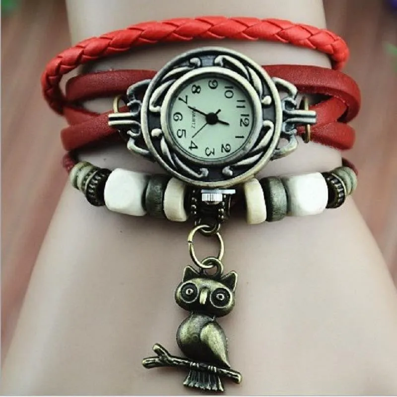 New Relojes Mujer Fashion Women Casual Leather Weave Wrap Wrist OWL Watch Charm Bracelet Watches
