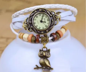 New Relojes Mujer Fashion Women Casual Leather Weave Wrap Wrist OWL Watch Charm Bracelet Watches