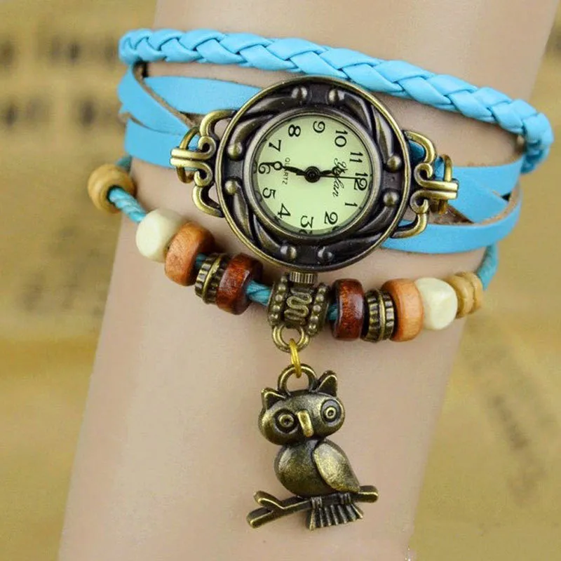 New Relojes Mujer Fashion Women Casual Leather Weave Wrap Wrist OWL Watch Charm Bracelet Watches