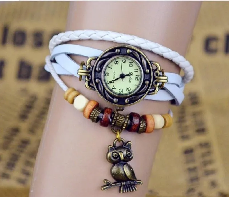 New Relojes Mujer Fashion Women Casual Leather Weave Wrap Wrist OWL Watch Charm Bracelet Watches