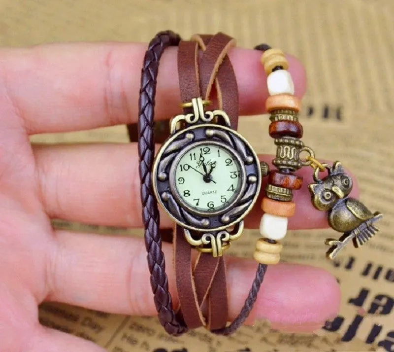 New Relojes Mujer Fashion Women Casual Leather Weave Wrap Wrist OWL Watch Charm Bracelet Watches