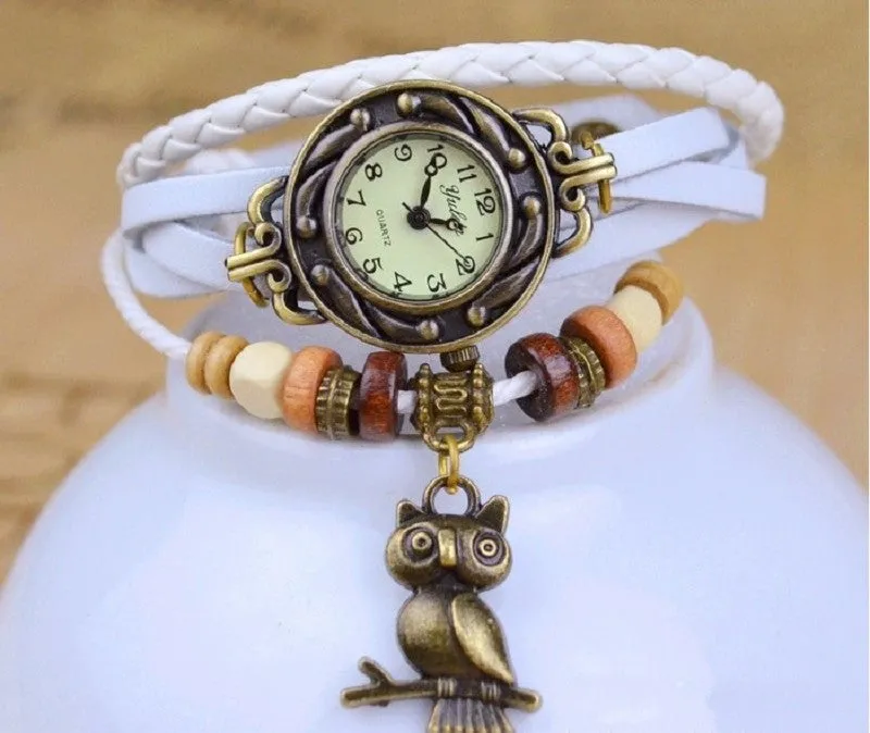 New Relojes Mujer Fashion Women Casual Leather Weave Wrap Wrist OWL Watch Charm Bracelet Watches