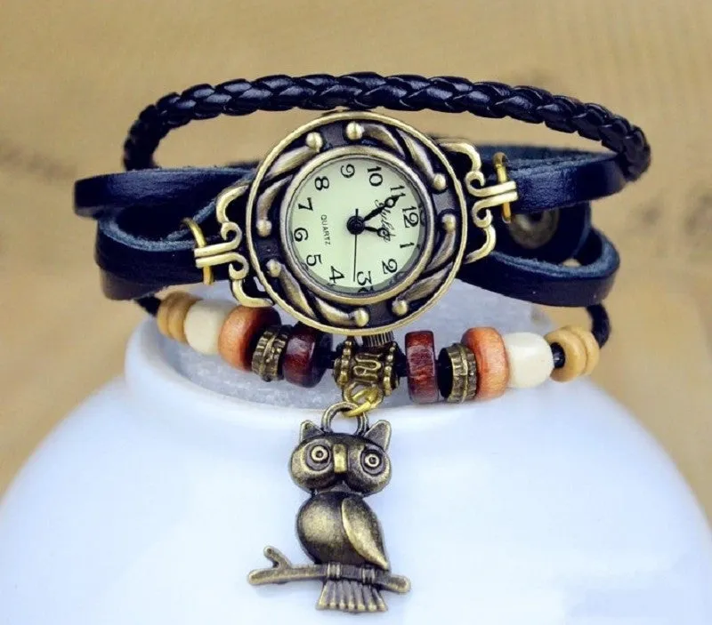 New Relojes Mujer Fashion Women Casual Leather Weave Wrap Wrist OWL Watch Charm Bracelet Watches