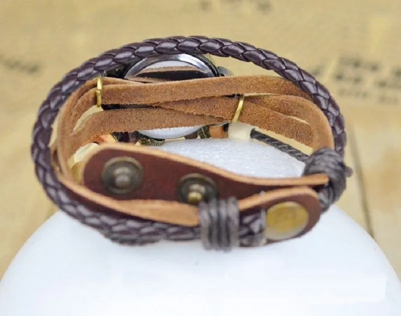 New Relojes Mujer Fashion Women Casual Leather Weave Wrap Wrist OWL Watch Charm Bracelet Watches