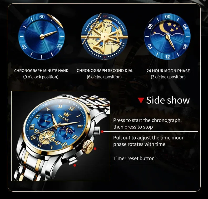 OLEVS 2859 Moon Phase Men Watches Chronograph High End Watches Man Stainless Steel Waterproof Quartz Watch for Men Luxury Brand