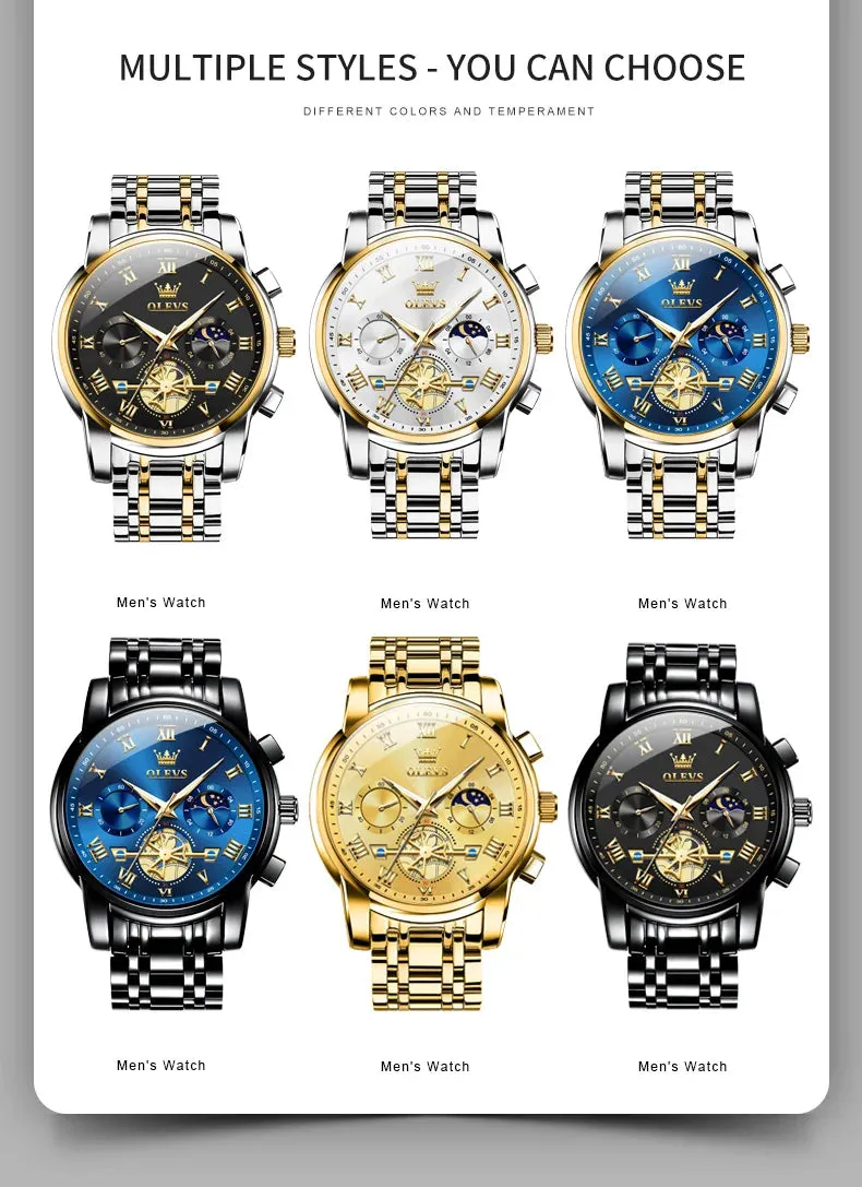 OLEVS 2859 Moon Phase Men Watches Chronograph High End Watches Man Stainless Steel Waterproof Quartz Watch for Men Luxury Brand