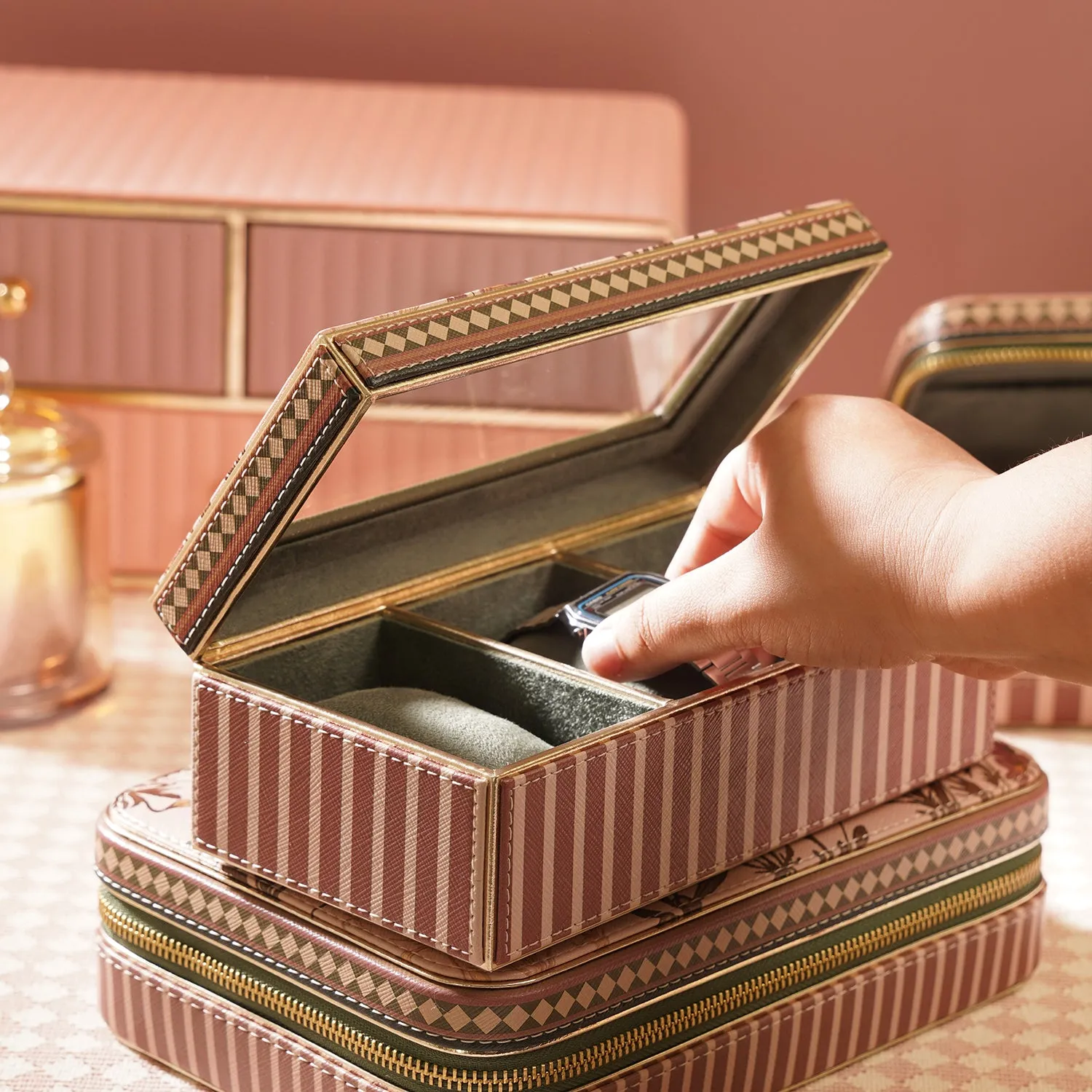 Pink Printed Faux Leather Watch Box