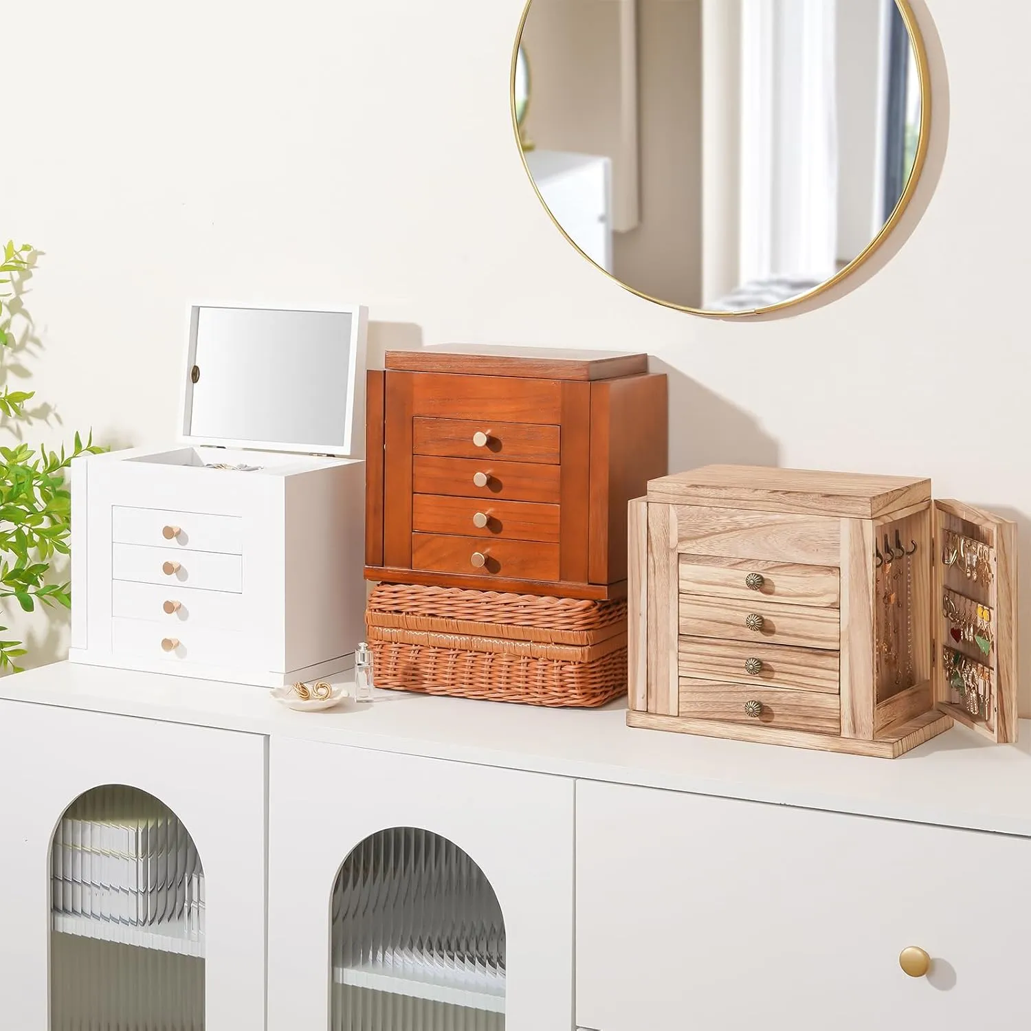 ProCase Large Jewelry Box, 5-Layer Wooden Jewelry Boxes for Women, Jewellery Holder Organizer Storage Case with Mirror for Earrings Bracelet Necklace for Dresser -Natural