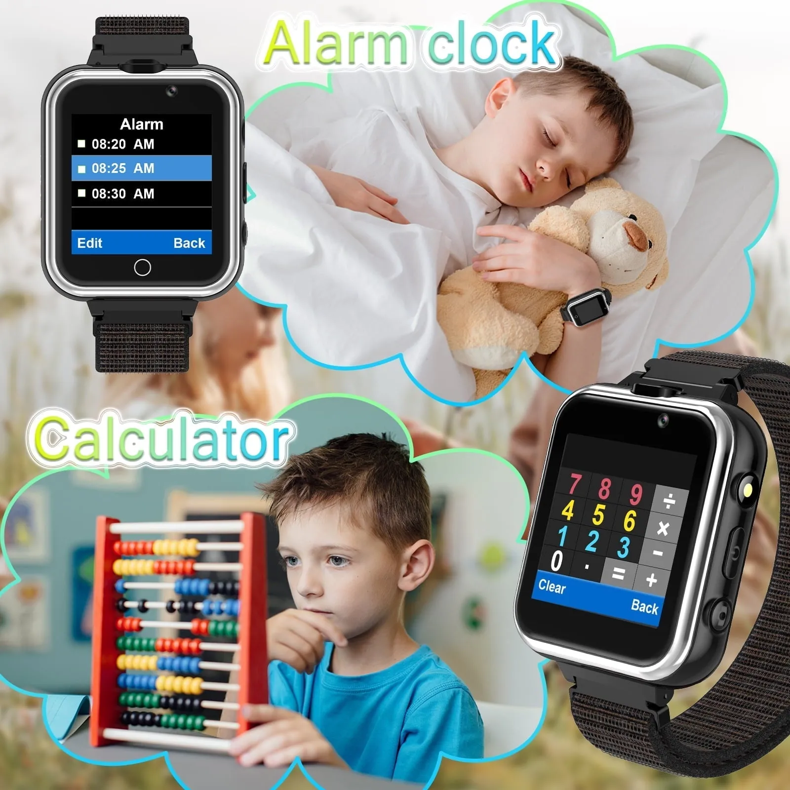 PTHTECHUS 1.54"Smart Watch for Boys Girls,Smartwatch for Kids with Dual Camera Games Pedometer Video MP3 Flashlights Calculator Alarm Clock Children Touch Screen Black