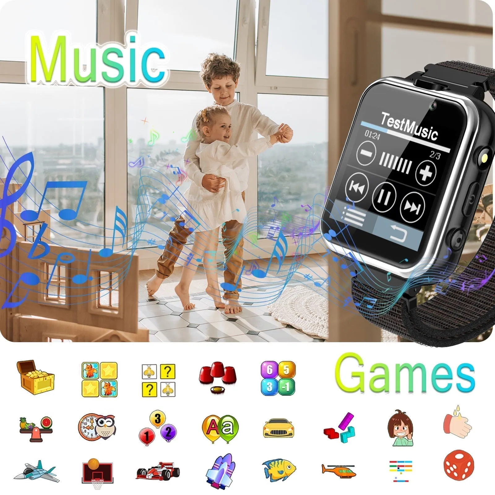 PTHTECHUS 1.54"Smart Watch for Boys Girls,Smartwatch for Kids with Dual Camera Games Pedometer Video MP3 Flashlights Calculator Alarm Clock Children Touch Screen Black