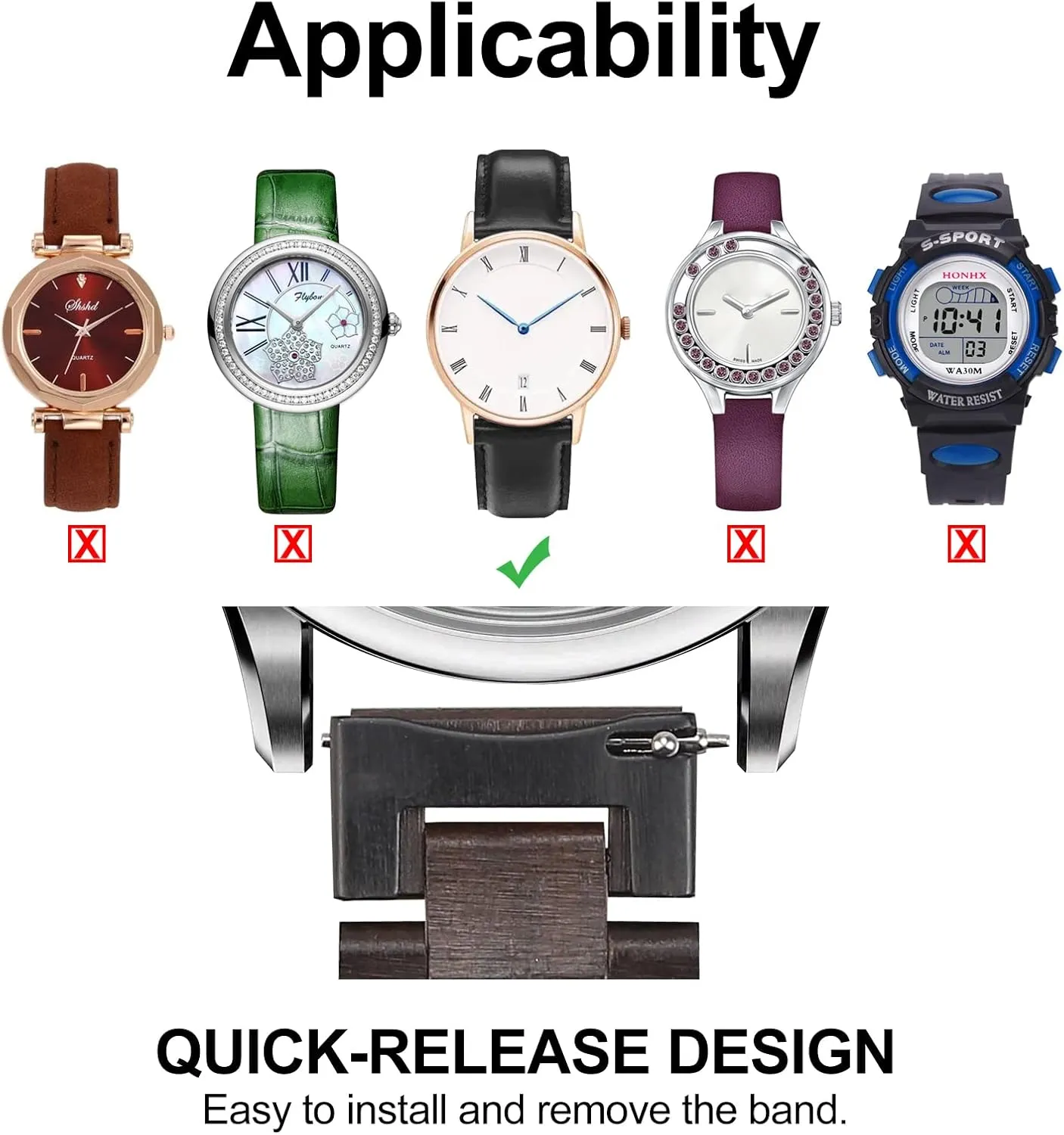 Quick Release Watch Band, Natural Wood Watch Band, Choice of Strap Colour and Width 18mm, 19mm, 20mm, 21mm, 22mm, 23mm or 24mm