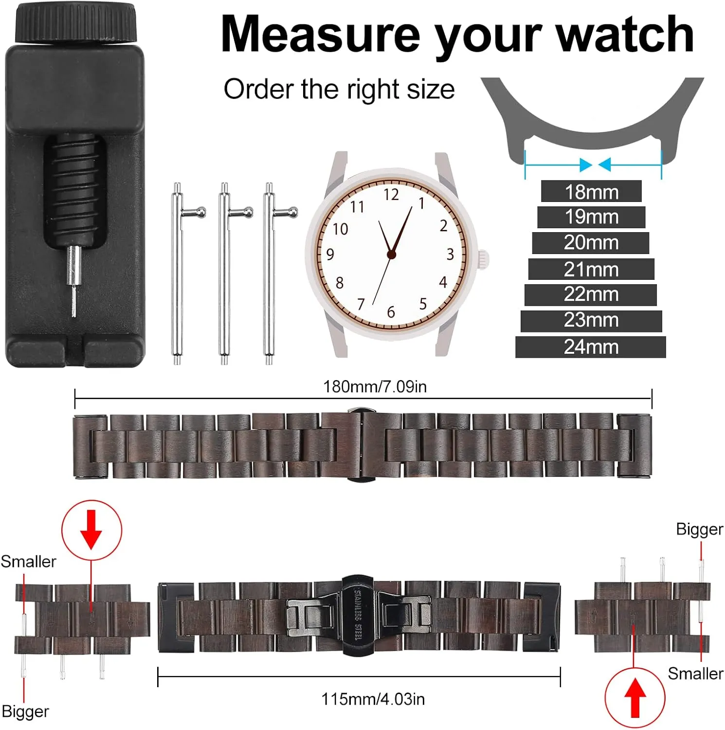 Quick Release Watch Band, Natural Wood Watch Band, Choice of Strap Colour and Width 18mm, 19mm, 20mm, 21mm, 22mm, 23mm or 24mm