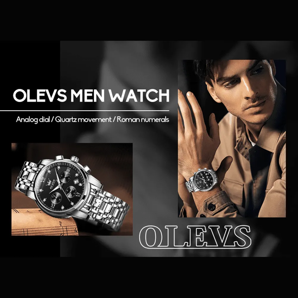 Silver Watches for Men OLEVS Watch Men Black Face Luxury Watches for Men Stainless Steel Men Watch Dress Waterproof Watch for Men