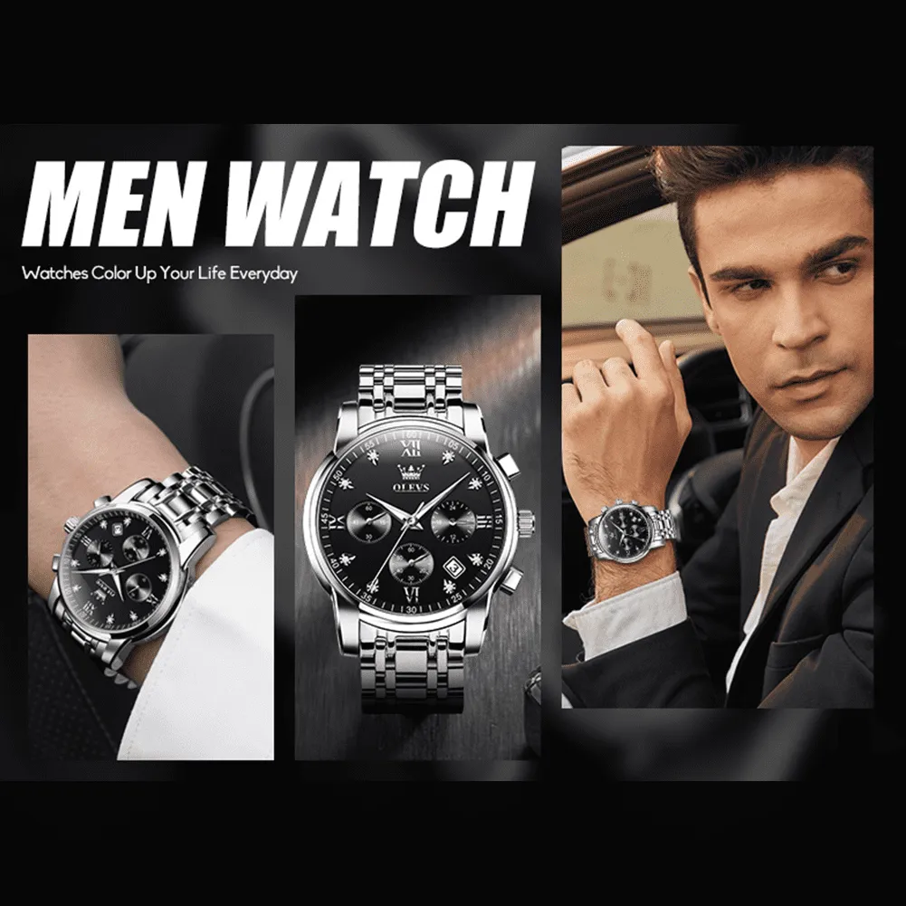 Silver Watches for Men OLEVS Watch Men Black Face Luxury Watches for Men Stainless Steel Men Watch Dress Waterproof Watch for Men