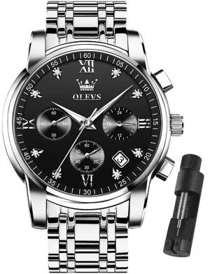 Silver Watches for Men OLEVS Watch Men Black Face Luxury Watches for Men Stainless Steel Men Watch Dress Waterproof Watch for Men