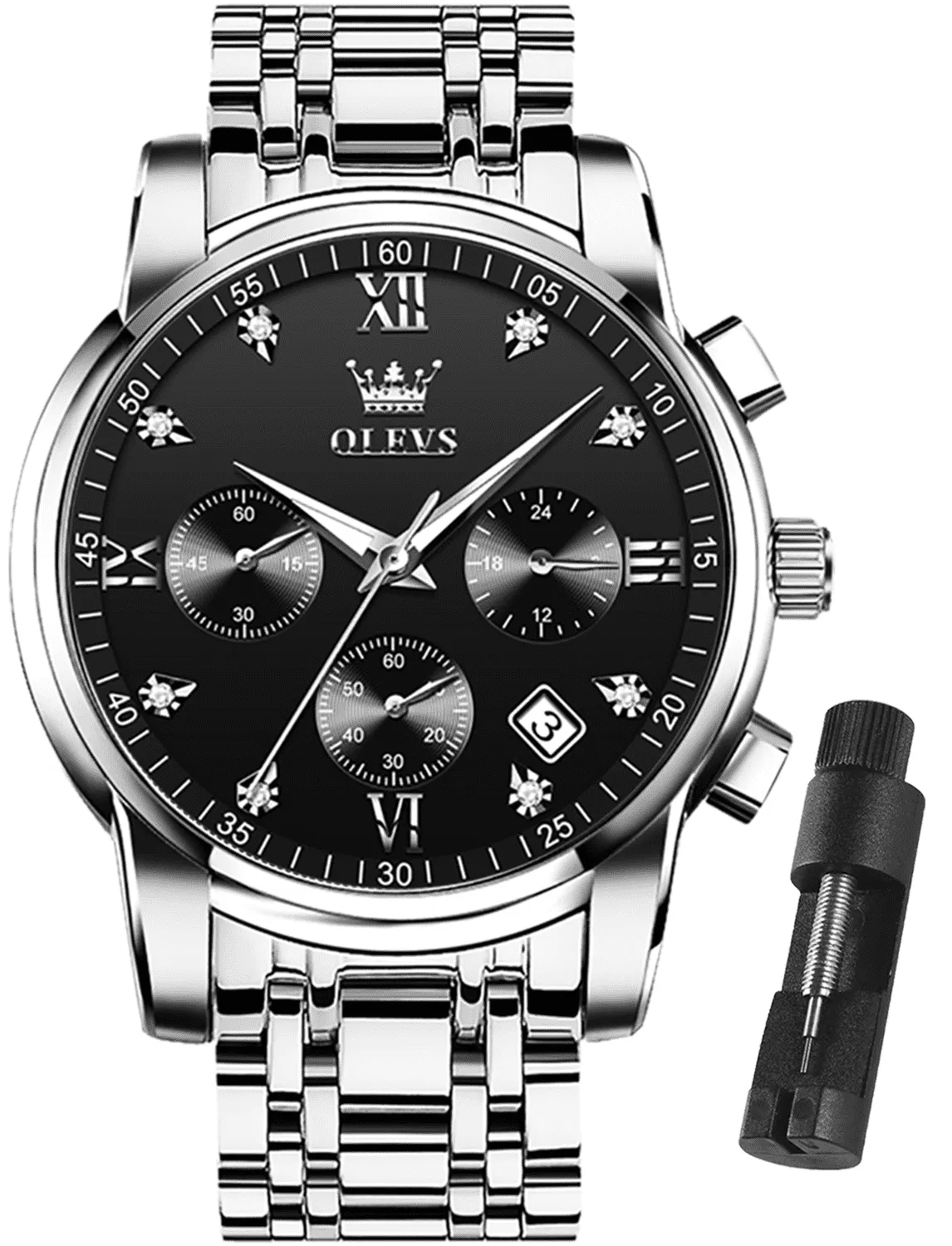 Silver Watches for Men OLEVS Watch Men Black Face Luxury Watches for Men Stainless Steel Men Watch Dress Waterproof Watch for Men