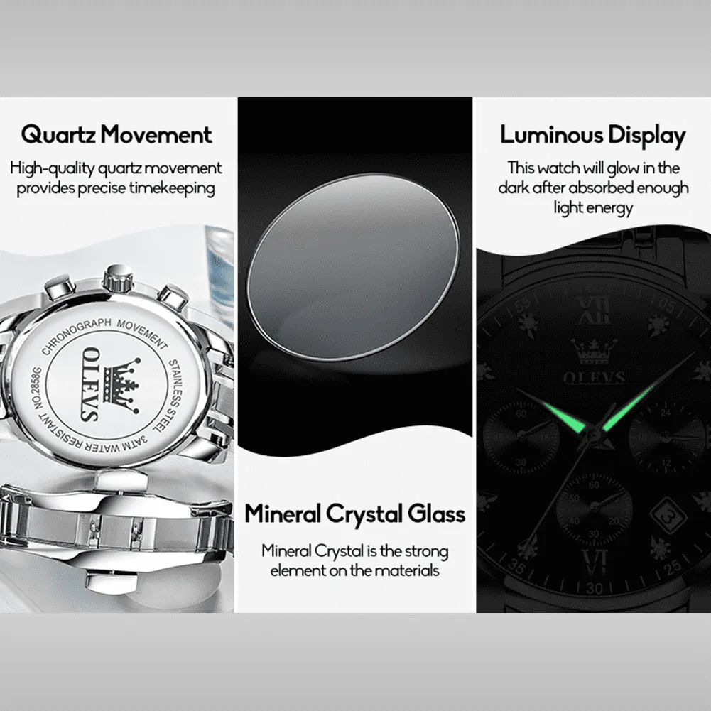 Silver Watches for Men OLEVS Watch Men Black Face Luxury Watches for Men Stainless Steel Men Watch Dress Waterproof Watch for Men