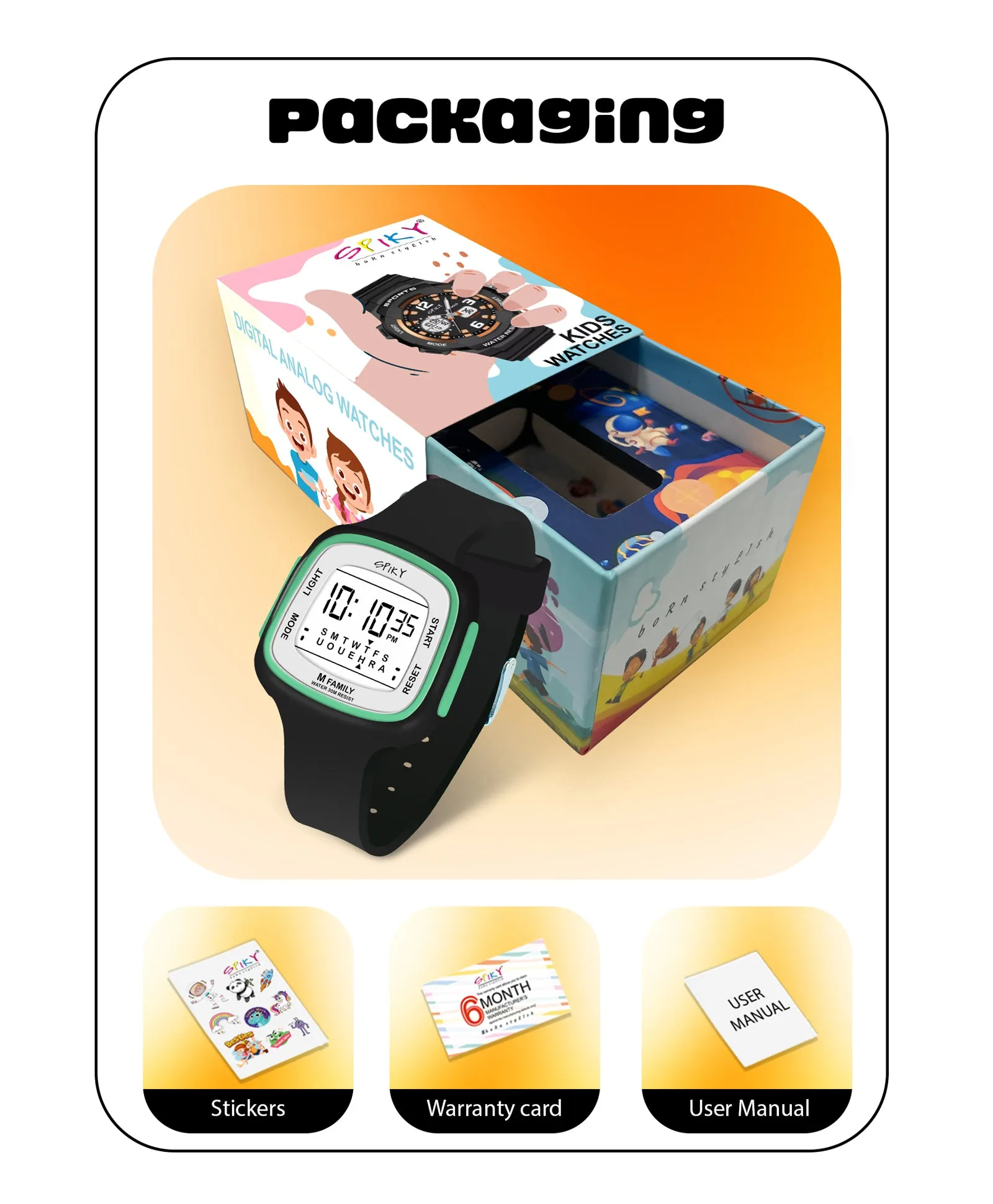 Spiky Unique Square Digital Watch for Kids - Green
